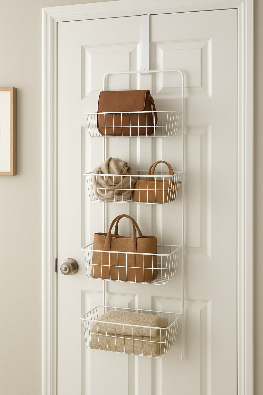 Over-the-door rack used for hanging bags and accessories in a small apartment.