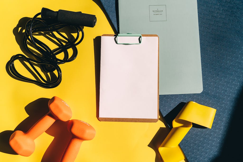 Flat lay of fitness equipment including dumbbells, jump rope, and clipboard on a yellow background.