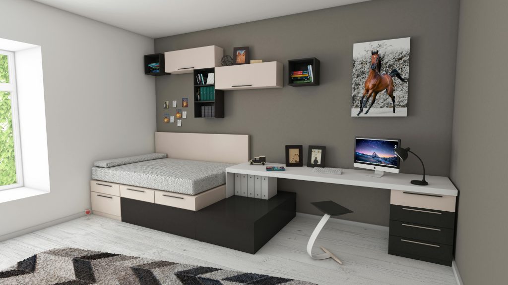 Multi-functional small apartment furniture with hidden vertical storage, including drawers under a bed and shelves in a coffee table.